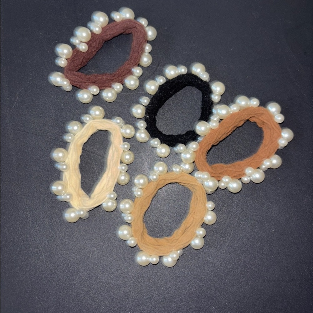 Pearl-Embellished Hair Ties Set - Black, Brown, Cream, Tan